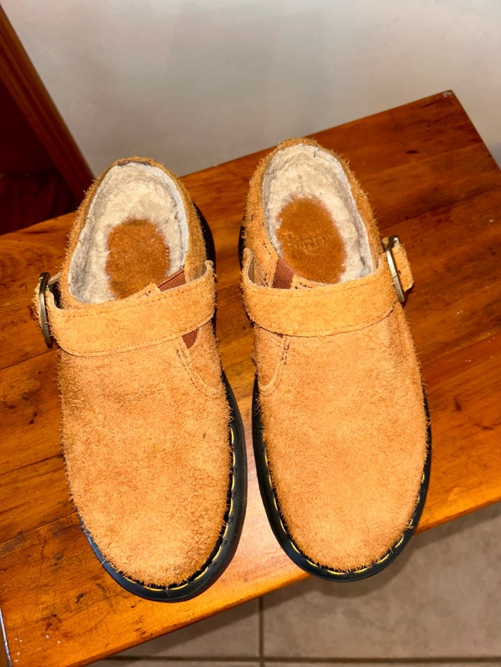 Dr. Martens Tan Suede Clog Mule with Yellow Welt Stitching - Picture 6 of 8
